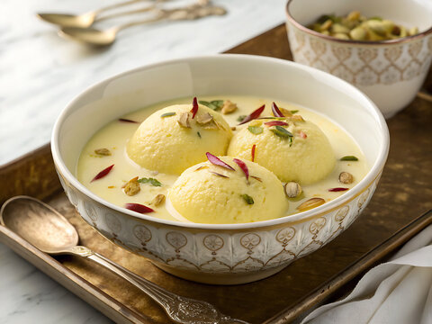 Traditional Indian Rasmalai, saffron-infused creamy milk with soft white cheese dumplings, pistachio garnish, elegant ceramic bowl,