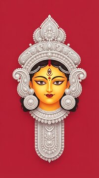 Digital illustration of goddess durga face with traditional silver crown on red background
