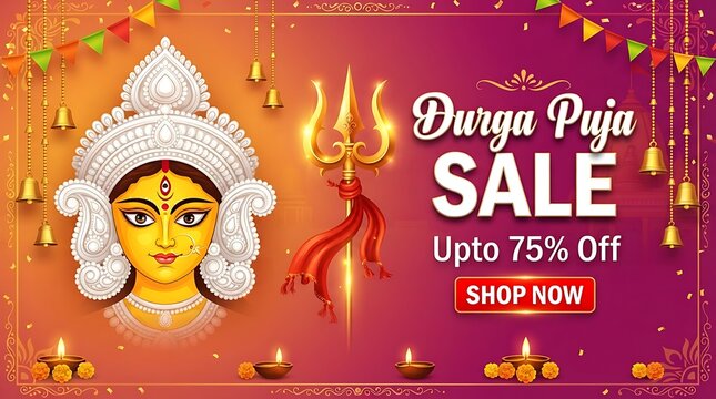 Durga puja sale banner with goddess durga face, trishul and traditional oil lamps