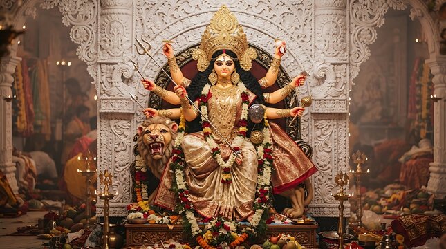 Goddess durga idol with lion for durga puja festival