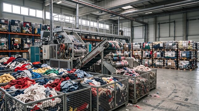 Large textile recycling facility featuring industrial sorting machines and piles of used clothing industrial factory fabric waste recycling plant waste management circular economy eco friendly