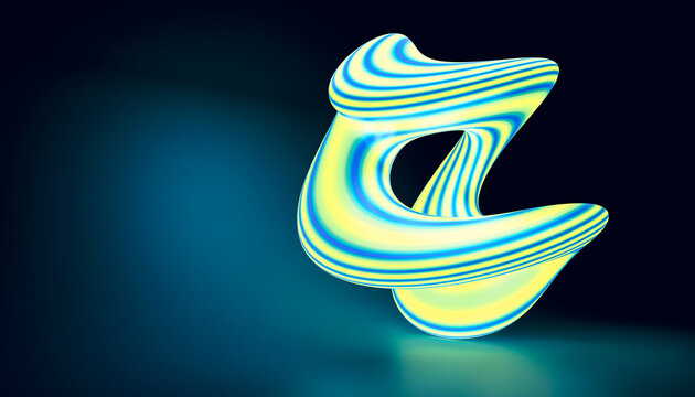 A colorful abstract 3d shape with blue and yellow stripes floating