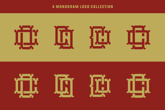 Vintage monogram CO or OC logo collection featuring four elegant initial designs in red and gold