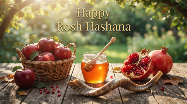Celebrating Rosh Hashana: A Festive Arrangement of Apples, Honey, Pomegranates, and a Shofar Amidst a Natural Backdrop