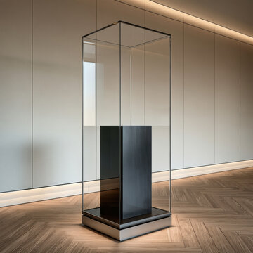 Modern glass display case with black pedestal in museum gallery, minimalist design, empty showcase, soft lighting, wooden floor, contemporary style