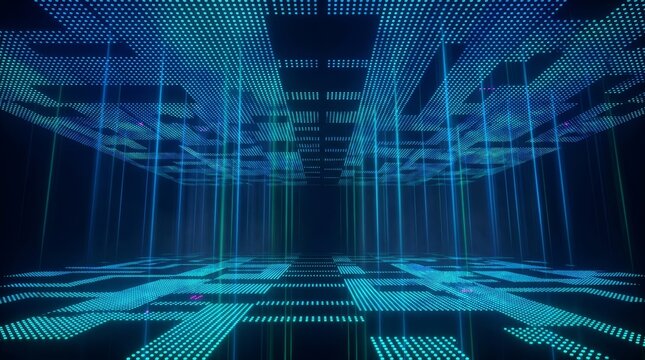 A virtual network of glowing blue grid lines forms a futuristic digital space.