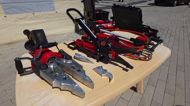 Hydraulic rescue equipment display with spreaders, cutters, and accessories on table outdoors under sunlight, showcasing emergency extrication tools preparedness