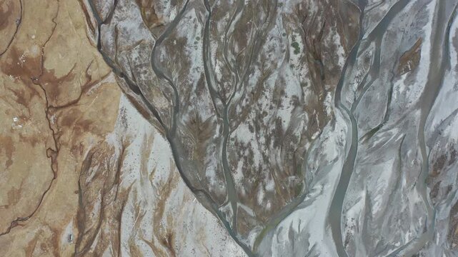 Aerial view of winding river with beautiful natural textures in Taxkorgan, Xinjiang, China