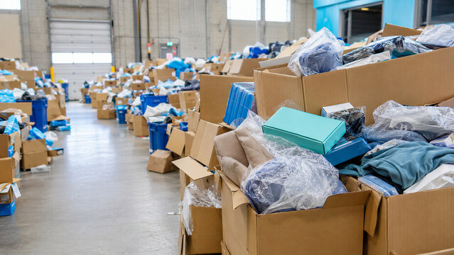 Warehouse full of returned cardboard box with product after Black Friday and Cyber Monday sale. E-commerce reverse logistics and refund concept for retail inventory management
