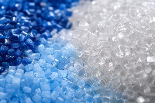 Macro shot of recycled plastic granules polymer pellets for circular economy manufacturing