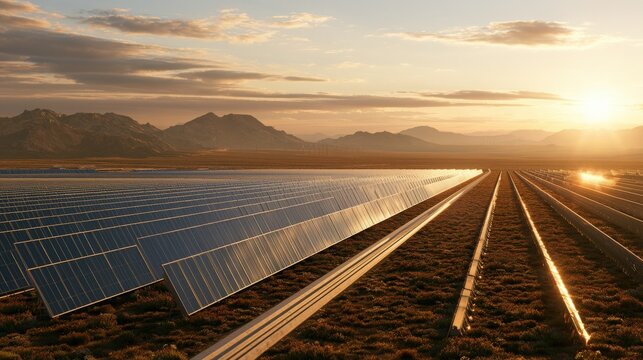 Solar panels arrayed across a dry landscape under a dramatic golden sunset, with distant mountains silhouetted on the horizon, symbolizing renewable energy.