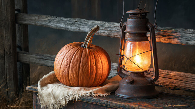 Bright orange pumpkin sitting next to a glowing rustic metal lantern displayed on white background