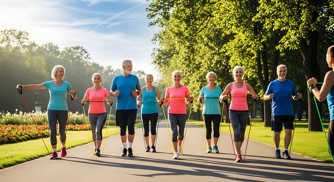 Active senior citizens walking together outdoors while exercising with resistance bands