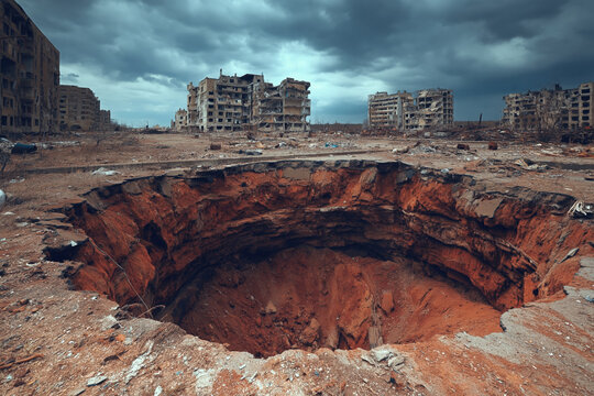 Wide angle post-apocalyptic landscape, totally destroyed modern city under moody dramatic sky, huge bomb crater in the center, war aftermath destruction