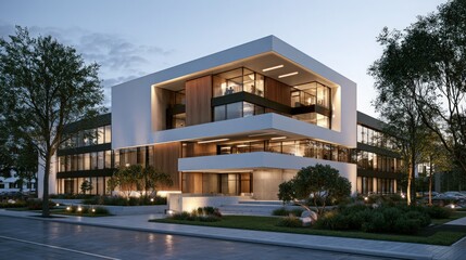 Fototapeta premium Modern white architectural building with illuminated glass interiors stands along a landscaped street at dusk.