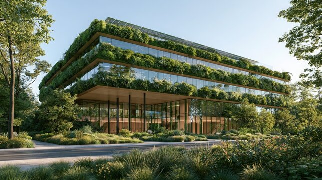 Modern office building showcases a biophilic design with extensive green terraces and a vegetated roof, integrating sustainable architecture into a lush natural environment.