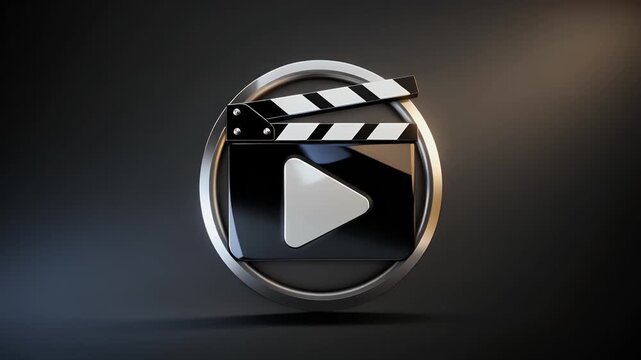 A 3D render of a movie clapperboard icon with a play button.