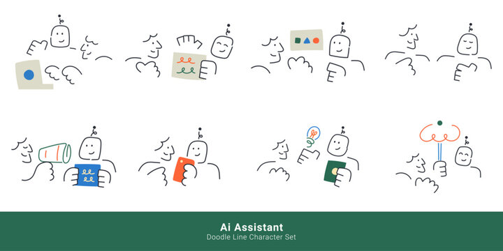 AI Assistant. Line doodle robot character interacting with people through laptop, documents, phone and lightbulb ideas.