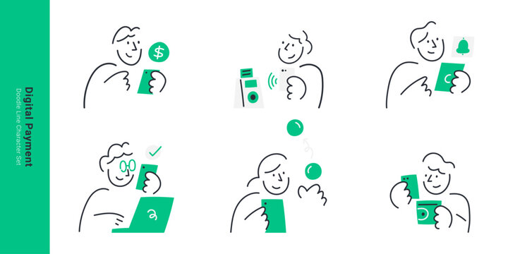 Digital Payment. Line doodle people using smartphones and laptops for mobile payment and online money transfer concepts.