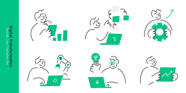 Digital Transformation. Line doodle people using laptops, robotic arm and gear icons for automation and innovation concepts.