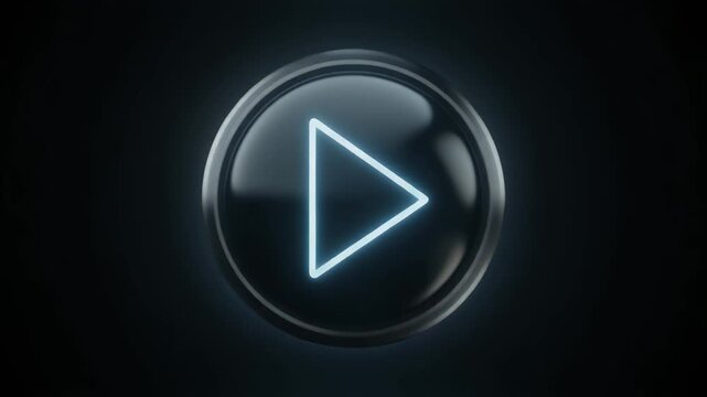 A futuristic neon play button glows against a dark background.