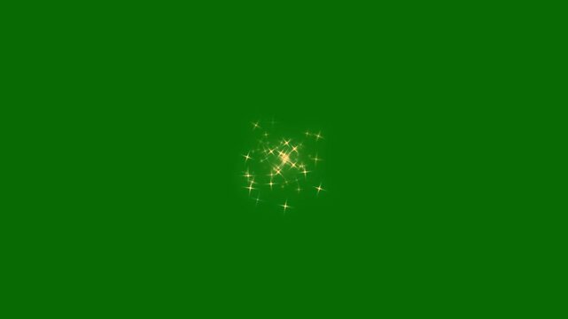 Glowing gold star sparkles burst, abstract light flare animation with twinkling particles on green screen, magic glitter explosion, fairy dust wand trail transition video. 4k