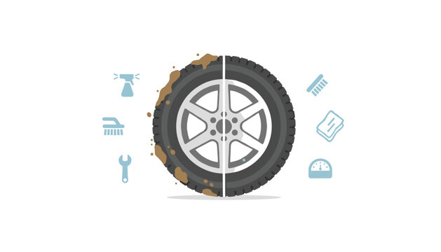 Comparison of a dirty car tire being professionally cleaned to look like new with maintenance tools arranged around the graphic illustration.