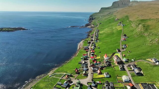 Aerial View of Sumba Village and Coastline on Su&eth;uroy Island, Faroe Islands