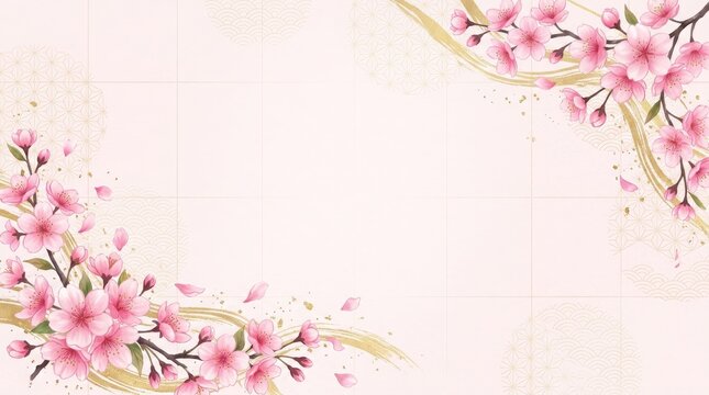 Elegant pink japanese background with cherry blossoms and gold brush strokes
