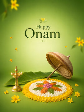 Happy onam greeting with traditional pookalam and oil lamp