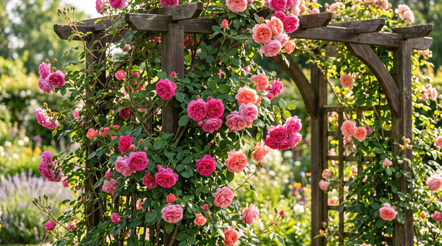 Rose garden arch with blooming pink flowers in summer backyard. Rose garden arch provides structural support for climbing floral vines. Romantic rose garden arch for wedding or landscape design.
