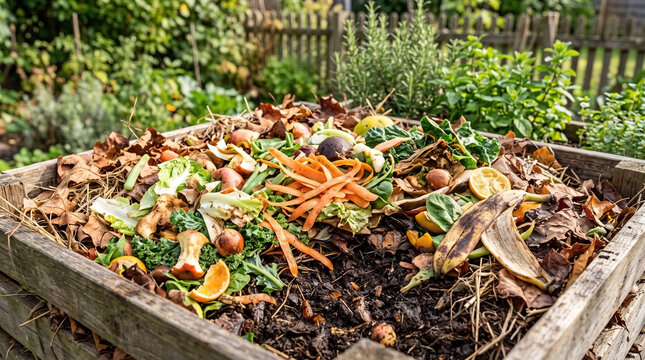 Organic compost pile with vegetable scraps like carrots and banana skins in wooden bin. Organic compost pile features decaying leaves and kitchen waste. Concept organic compost pile for eco gardening.
