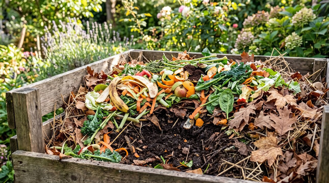 Close up of composting bin filled with vegetable peels, fruit scraps, and dry autumn leaves. Composting bin features organic waste and greens.