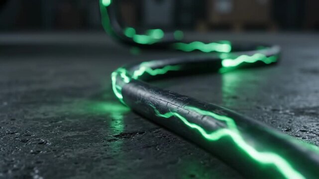 Industrial power cable with glowing green energy flow transmitting digital electricity data on dark textured ground
