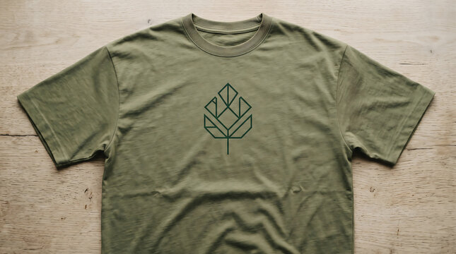 Olive Green Crewneck T-Shirt Featuring a Minimalist Geometric Leaf Design on Soft Cotton Fabric