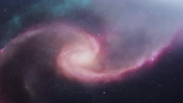 A vibrant spiral galaxy with pink and turquoise nebulae against a starry backdrop.