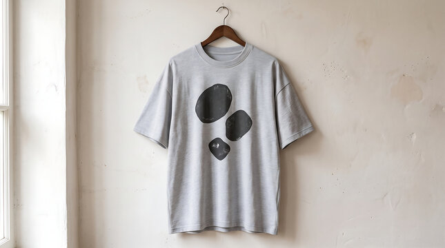 A Premium Oversized Light Gray T-Shirt Featuring Modern Abstract Dark Shapes for Minimalist Streetwear Fashion
