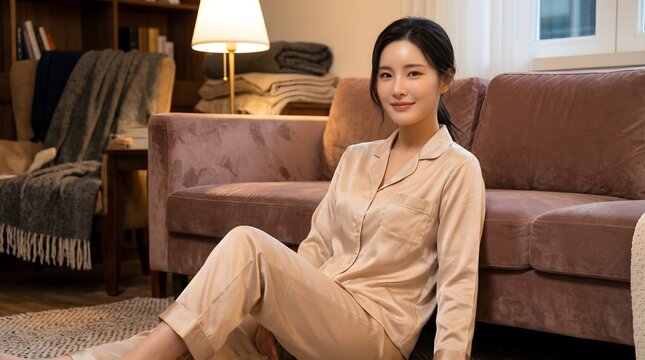 Young Asian Woman in Champagne Silk Pajamas Relaxing on the Floor in a Cozy Living Room Setting