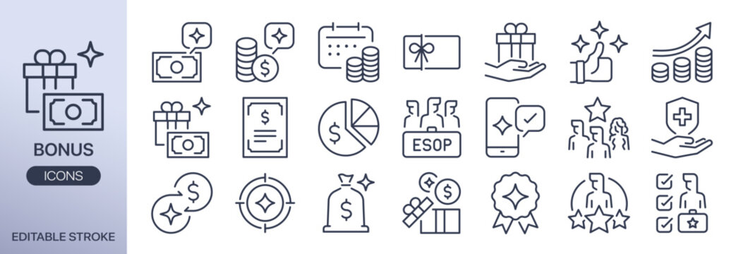 Bonus vector icon set. It includes reward, benefit, employee, gift, and more icons. Editable outline Stroke.