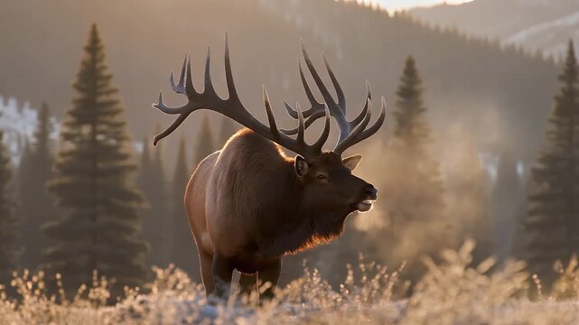 Majestic bull elk with large antlers stands in a golden sunrise.