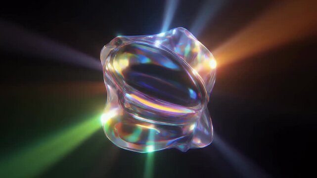 A swirling, amorphous blob of iridescent material refracts light into a spectrum of colors.