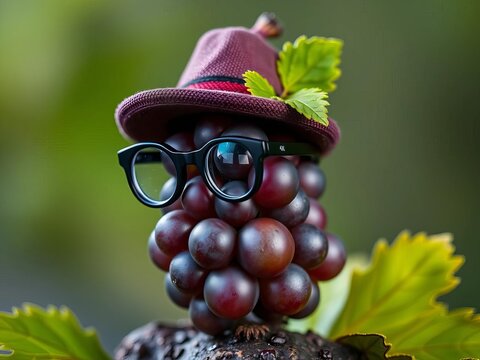 A tiny, bespectacled grape wearing a miniature fedora, whimsical, ripe