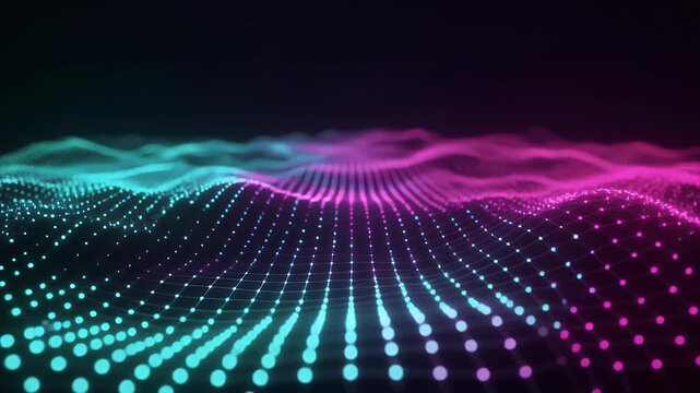 A digital landscape of glowing dots forms a wave pattern.