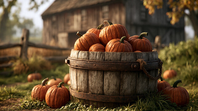 Rustic wooden barrel filled with vibrant orange pumpkins placed outdoors at autumn harvest on white background