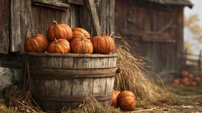 Rustic wooden barrel overflowing with fresh orange pumpkins sitting beside an old weathered barn on white background