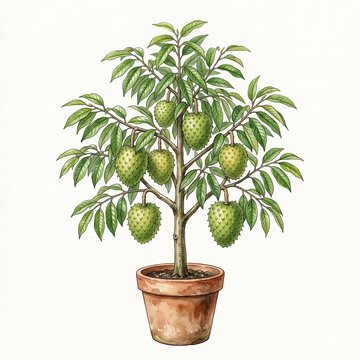 Botanical watercolor illustration of a potted soursop tree bearing ripe green fruits, isolated on a clean white background.