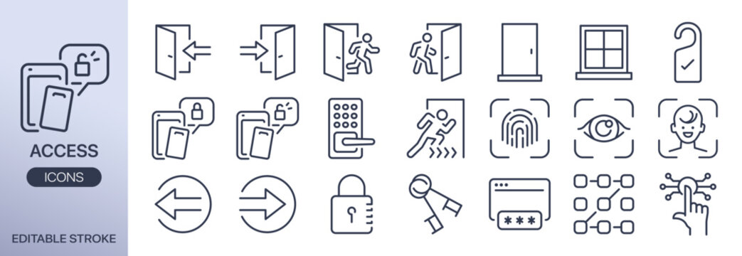 Access vector icon set. It includes door, login, logout, entrance, and more icons. Editable outline Stroke. 