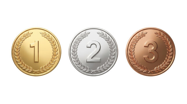 First second and third place award medals made of gold silver and as isolated on transparent background