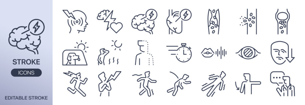 Stroke vector icon set. It included blood vessel, heart attack, illness, medical, and more icons. Editable outline Stroke.