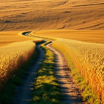 Abandoned dirt road winds through autumn field amidst rustling wheat and golden grass, fall, wheat